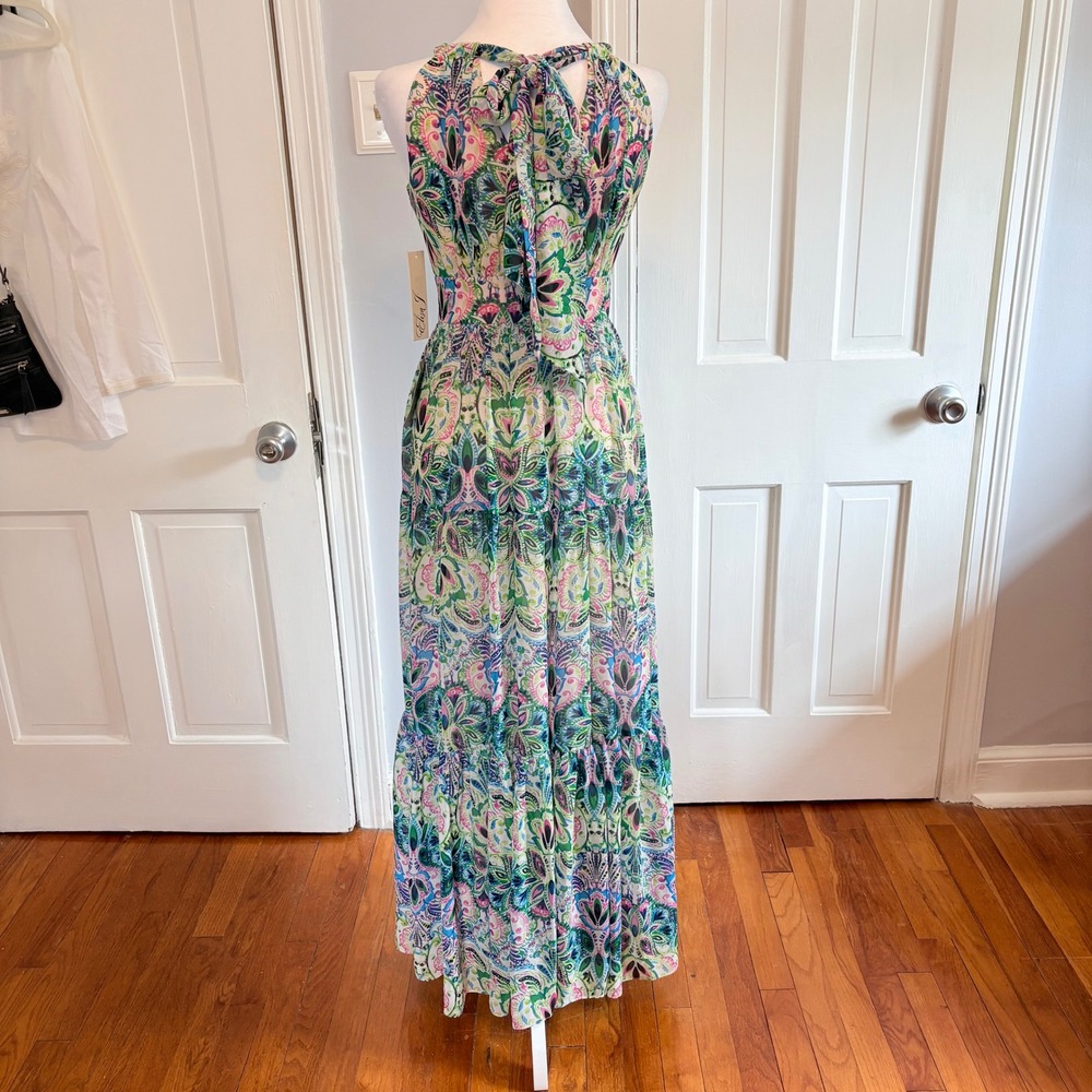 Eliza J Women 0P Maxi Dress Multicolor Paisley Halter Neck Tiered Chiffon NWT - Picture 4 of 8